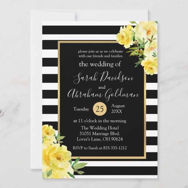 Invitación Flores Rosas Bodas Rayas Blancas y Negras  (Anverso)