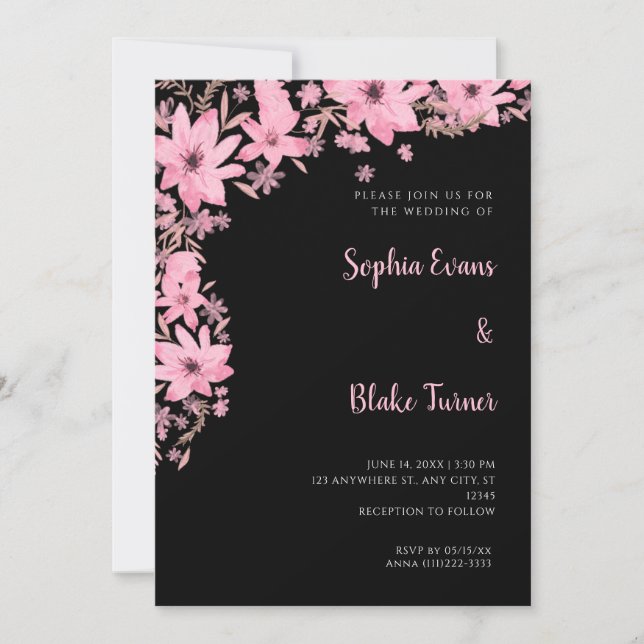 Invitación Flores rosas bonitos Boda negro romántico (Anverso)
