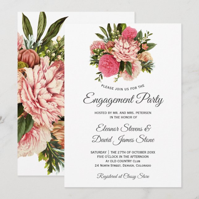 Invitación Flores rosas boutiques elegante y elegante comprom (Anverso / Reverso)