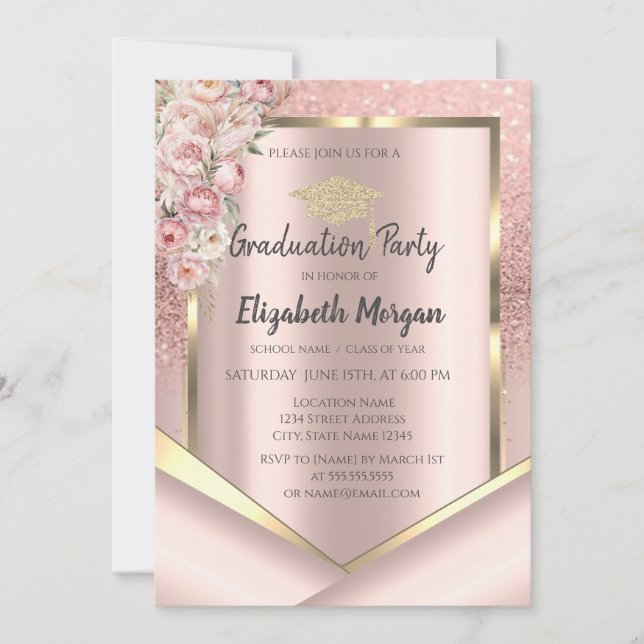 Invitación Flores Rosas Brillo Oro Rosa Graduación (Anverso)