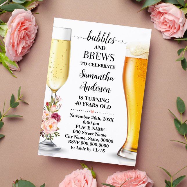 Invitación Flores rosas burbujas y cría adultos Cumpleaños (Subido por el creador)