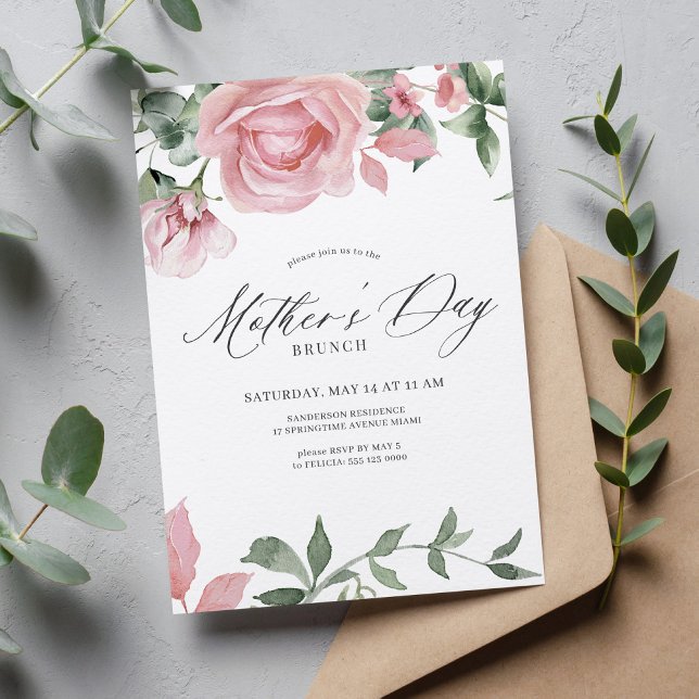 Invitación Flores rosas caligrafía guión Día de la Madre brun (Subido por el creador)