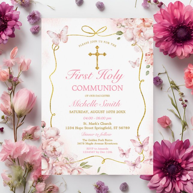 Invitación Flores rosas Chica Mariposa Primera Santa Comunión (Subido por el creador)