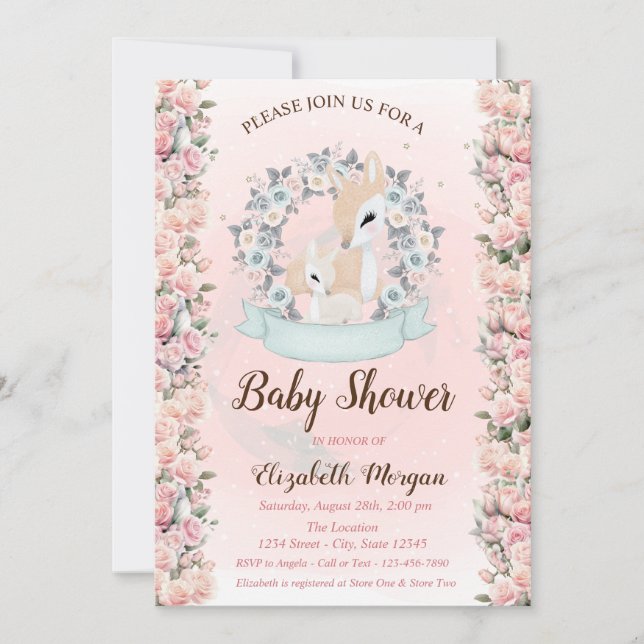 Invitación Flores Rosas Ciervos Bebés Shower de Bebé  (Anverso)