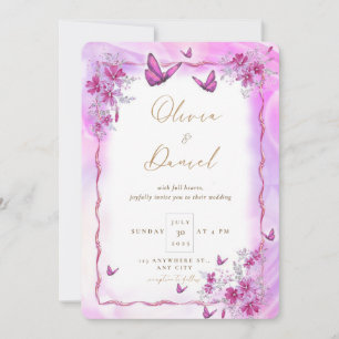 Invitación Flores rosas con Boda de mariposas