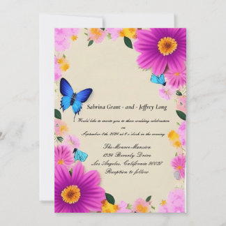 Invitación Flores rosas con Boda de mariposas