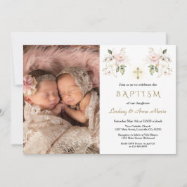 Invitación Flores rosas cruzan Chicas gemelos foto bautismo