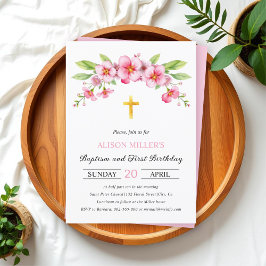 Invitación Flores rosas cruzan el bautismo y el primer cumple