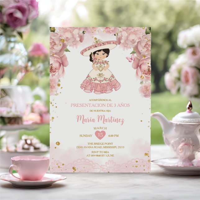 Invitación Flores rosas Cute Niña Y Tres Años (Subido por el creador)