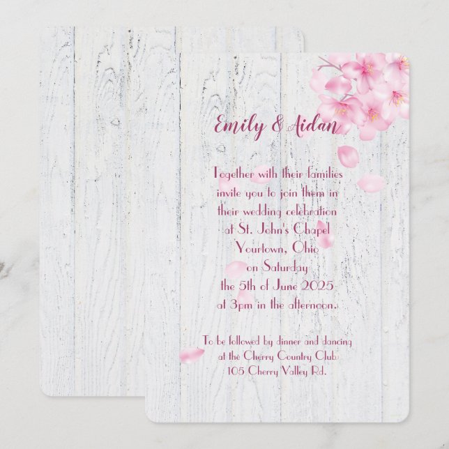 Invitación flores rosas de cerezo en boda de madera (Anverso / Reverso)
