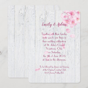 Invitación flores rosas de cerezo en boda de madera