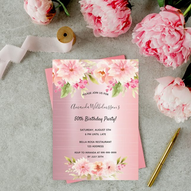Invitación Flores rosas de cumpleaños elegantes (Subido por el creador)