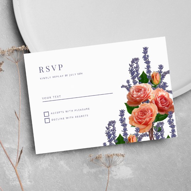Invitación Flores rosas de durazno de lavanda botánica RSVP (Botanic lavender peach rose flowers RSVP)