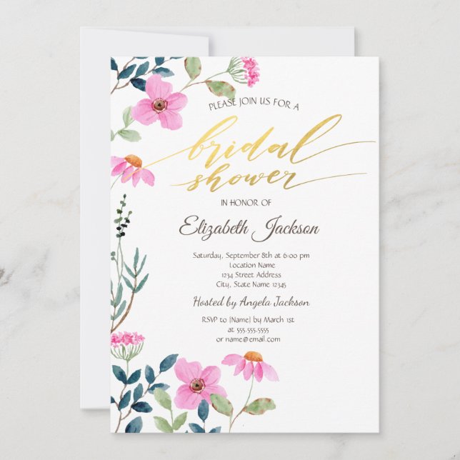 Invitación Flores rosas de jardín ducha de novia (Anverso)