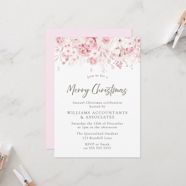Invitación Flores rosas de Rubor Feliz Fiesta de Navidad (Anverso/Reverso In Situ)
