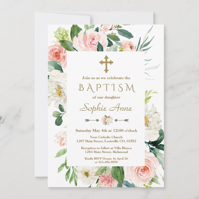 Invitación Flores rosas de Rubor florecen el bautismo cruzado (Anverso)