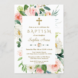 Invitación Flores rosas de Rubor florecen el bautismo cruzado