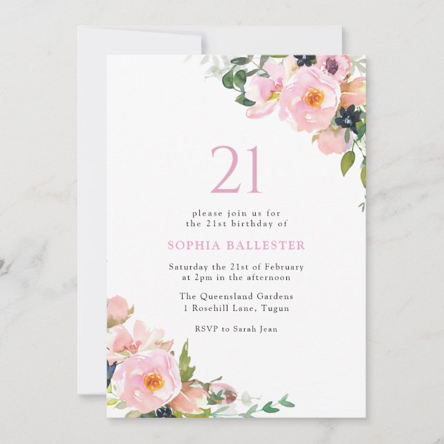 Invitación Flores rosas de Rubor mujeres Fiesta de cumpleaños (Anverso)
