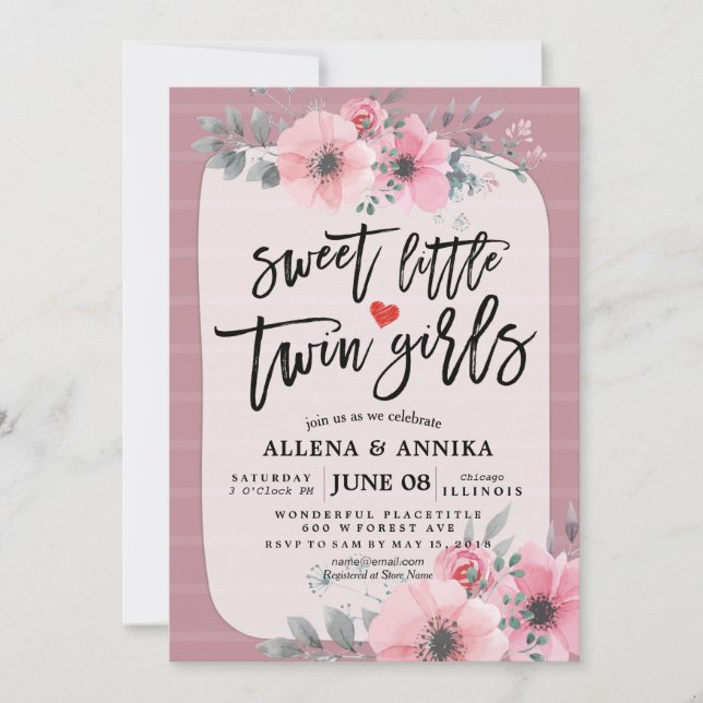 Invitación Flores rosas dulces Chicas gemelos Baby Shower (Anverso)