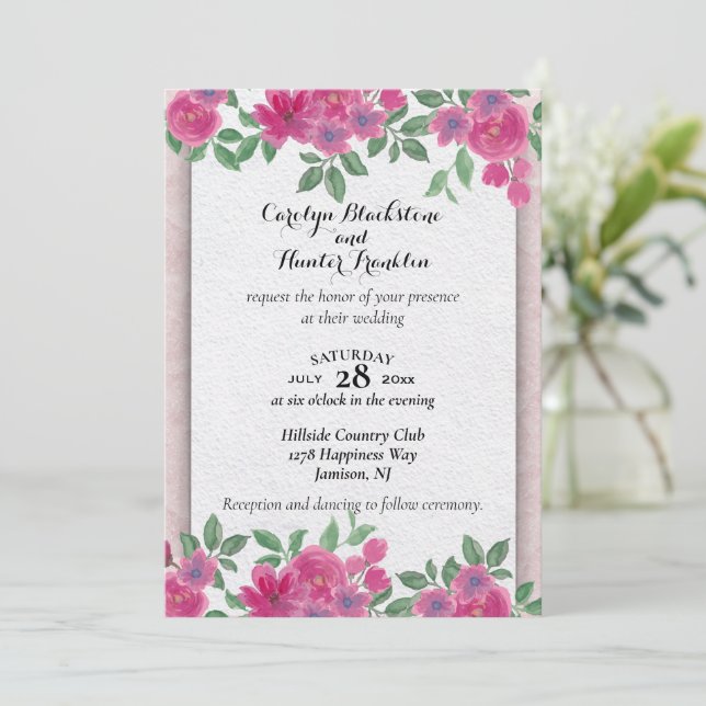 Invitación Flores rosas en Boda blanco y rosa (Anverso de pie)