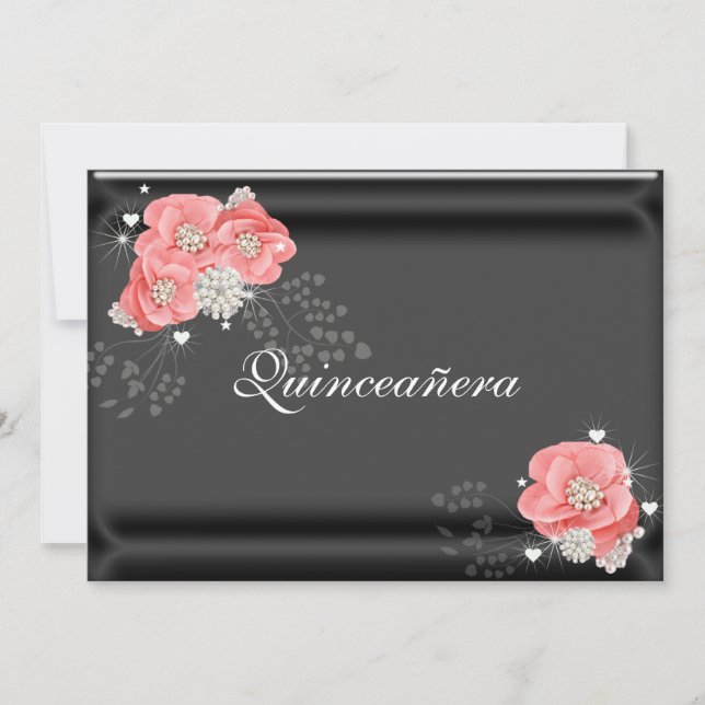 Invitación Flores rosas en negro, Quinceañera, cumpleaños 15 (Anverso)