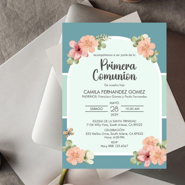 Invitación Flores rosas en Primera Comunión De Primera Comuni (Subido por el creador)