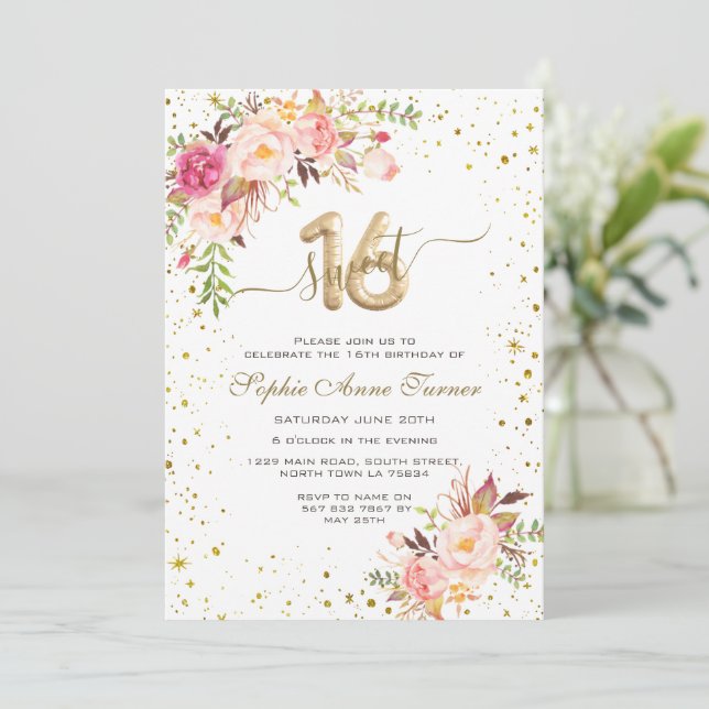Invitación Flores rosas encantadoras Confetti dorado 16 (Anverso de pie)