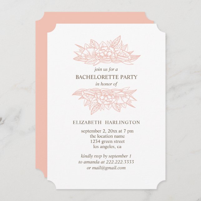 Invitación Flores rosas. fiesta de soltería floral de Rubor (Anverso / Reverso)