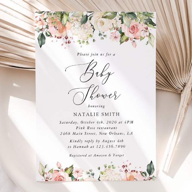 Invitación Flores rosas, flores blancas, boho, Baby Shower (Subido por el creador)