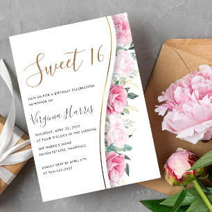 Invitación Flores rosas Foliage Dulce Dieciséis Aniversario