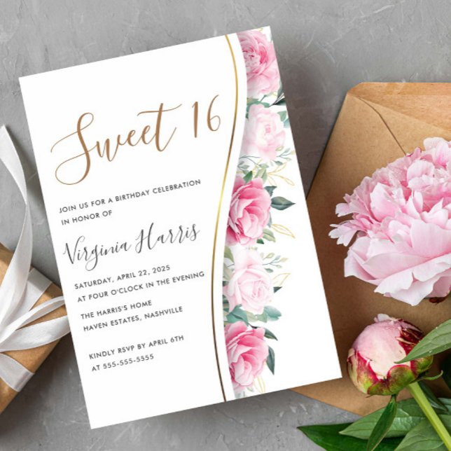 Invitación Flores rosas Foliage Dulce Dieciséis Aniversario (Subido por el creador)