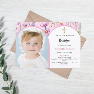 Invitación Flores rosas foto arco chica cruza bautismo