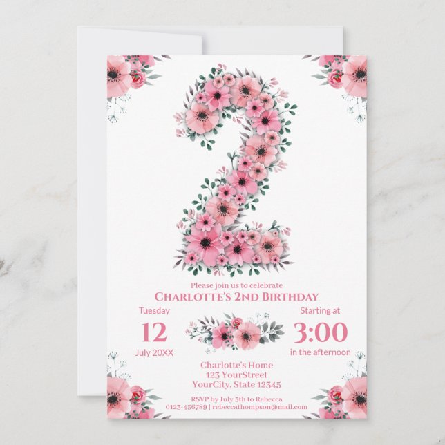 Invitación Flores rosas Gran Chica de cumpleaños 2 follaje ve (Anverso)