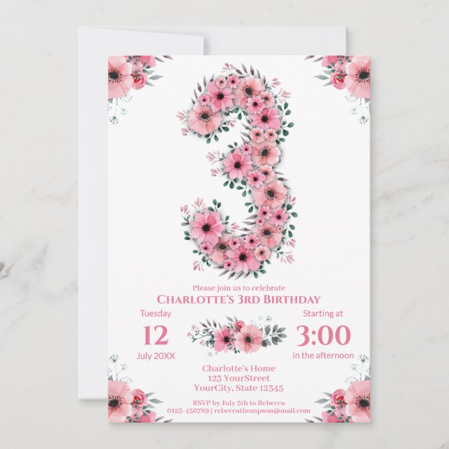 Invitación Flores rosas Gran tercer Chica de cumpleaños folla (Anverso)
