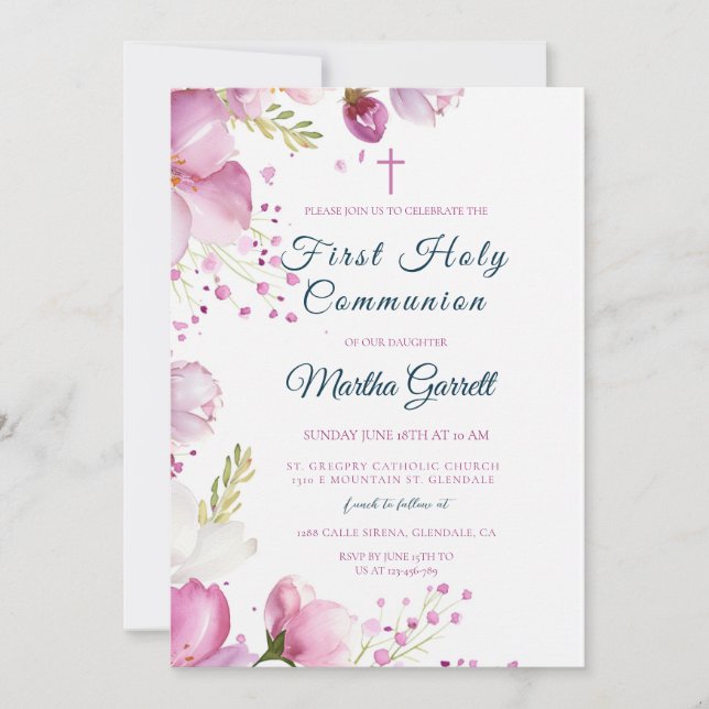 Invitación Flores rosas Hija floral Primera Santa Comunión (Anverso)