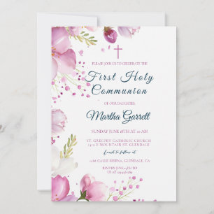Invitación Flores rosas Hija floral Primera Santa Comunión