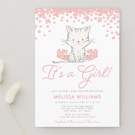 Invitación Flores rosas Kitten Chica Baby Shower