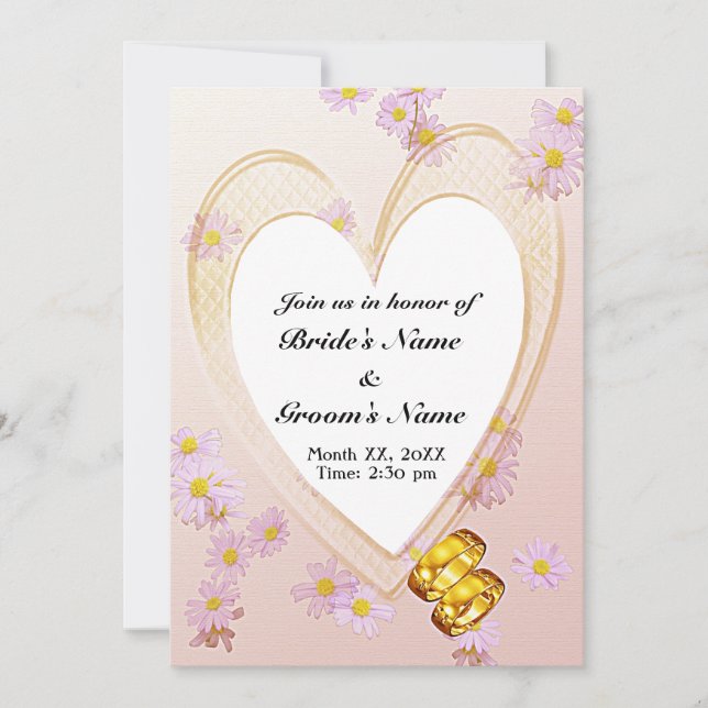 Invitación Flores rosas, marco cardíaco, anillos para la cena (Anverso)