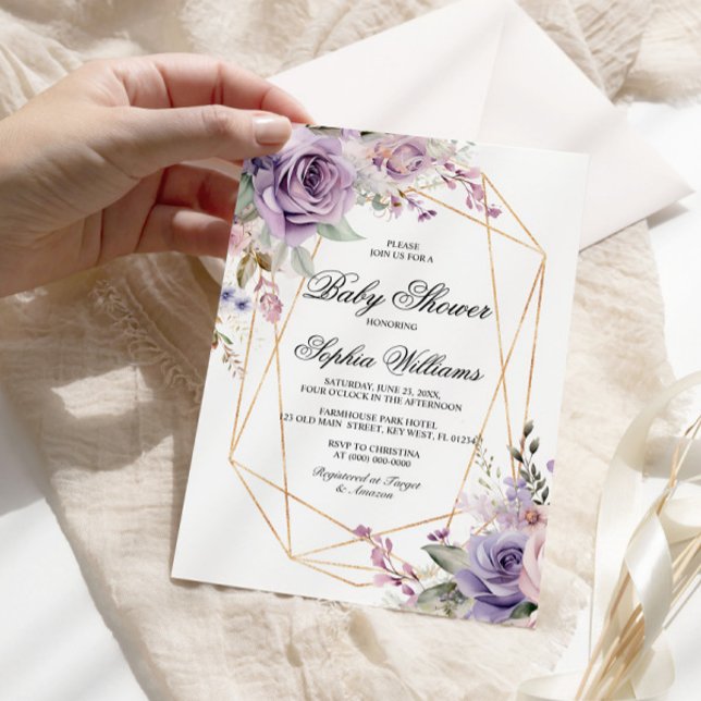 Invitación Flores Rosas moradas y Rubor Baby Shower (Subido por el creador)