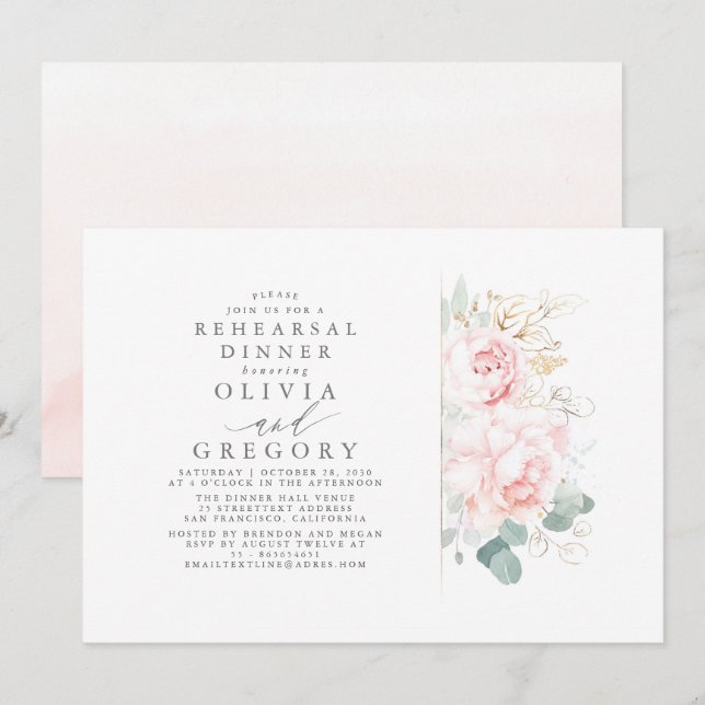 Invitación Flores rosas Oro deja elegante cena de ensayo (Anverso / Reverso)