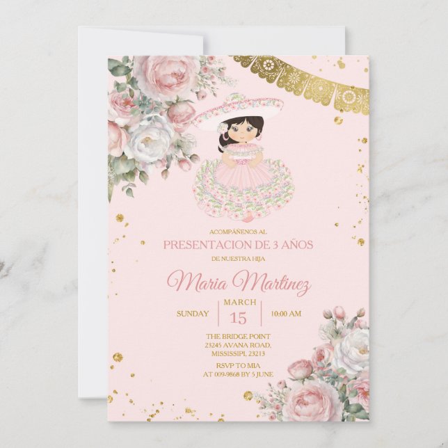 Invitación Flores rosas para el Chica De Tres Años Cute (Anverso)