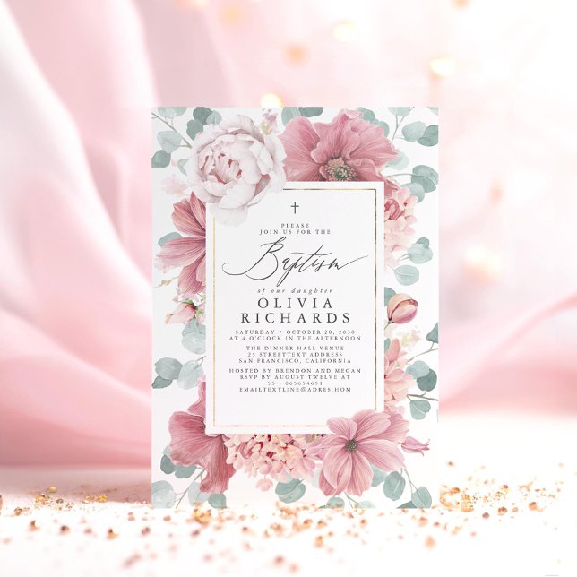 Invitación Flores rosas polvorientas bautizo de Chicas elegan (Pink Floral Baptism Invitation)