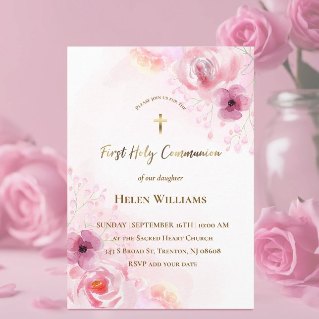 Invitación Flores rosas | Primera Comunión Santa (Subido por el creador)