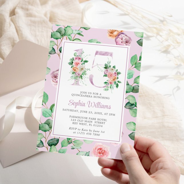 Invitación Flores Rosas púrpuras número 15 Floral Quinceañera (Subido por el creador)
