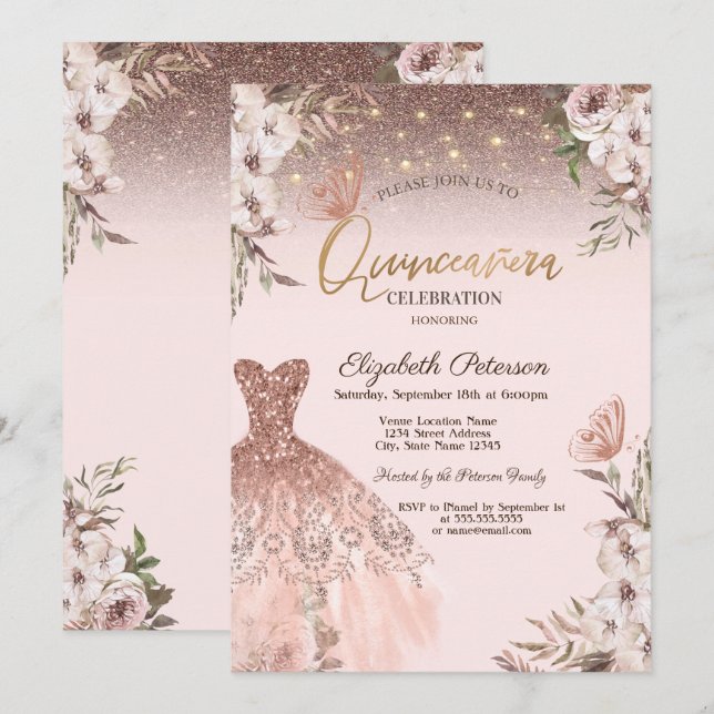 Invitación Flores rosas Purpurinas Mariposas Vestidos Quincea (Anverso / Reverso)