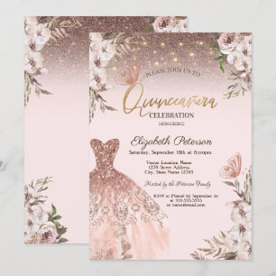 Invitación Flores rosas Purpurinas Mariposas Vestidos Quincea