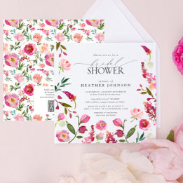 Invitación Flores rosas QR Código acuarela Ducha de novia