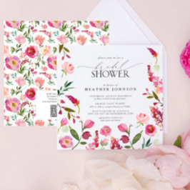 Invitación Flores rosas QR Código acuarela Ducha de novia