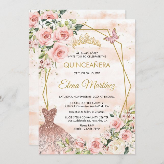 Invitación Flores rosas Quinceanera Rubor Mariposa (Anverso / Reverso)