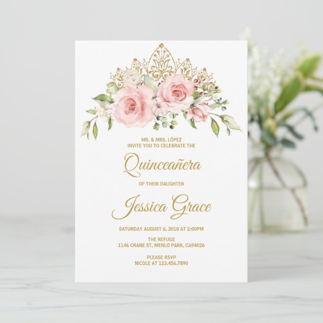 Invitación Flores rosas Quinceanera Rubor, Quince perdidos (Anverso de pie)